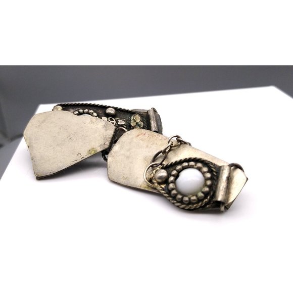 Primitive Silver Etruscan Style Bracelet with Vintage Milk Glass Cabochons - Picture 6 of 6